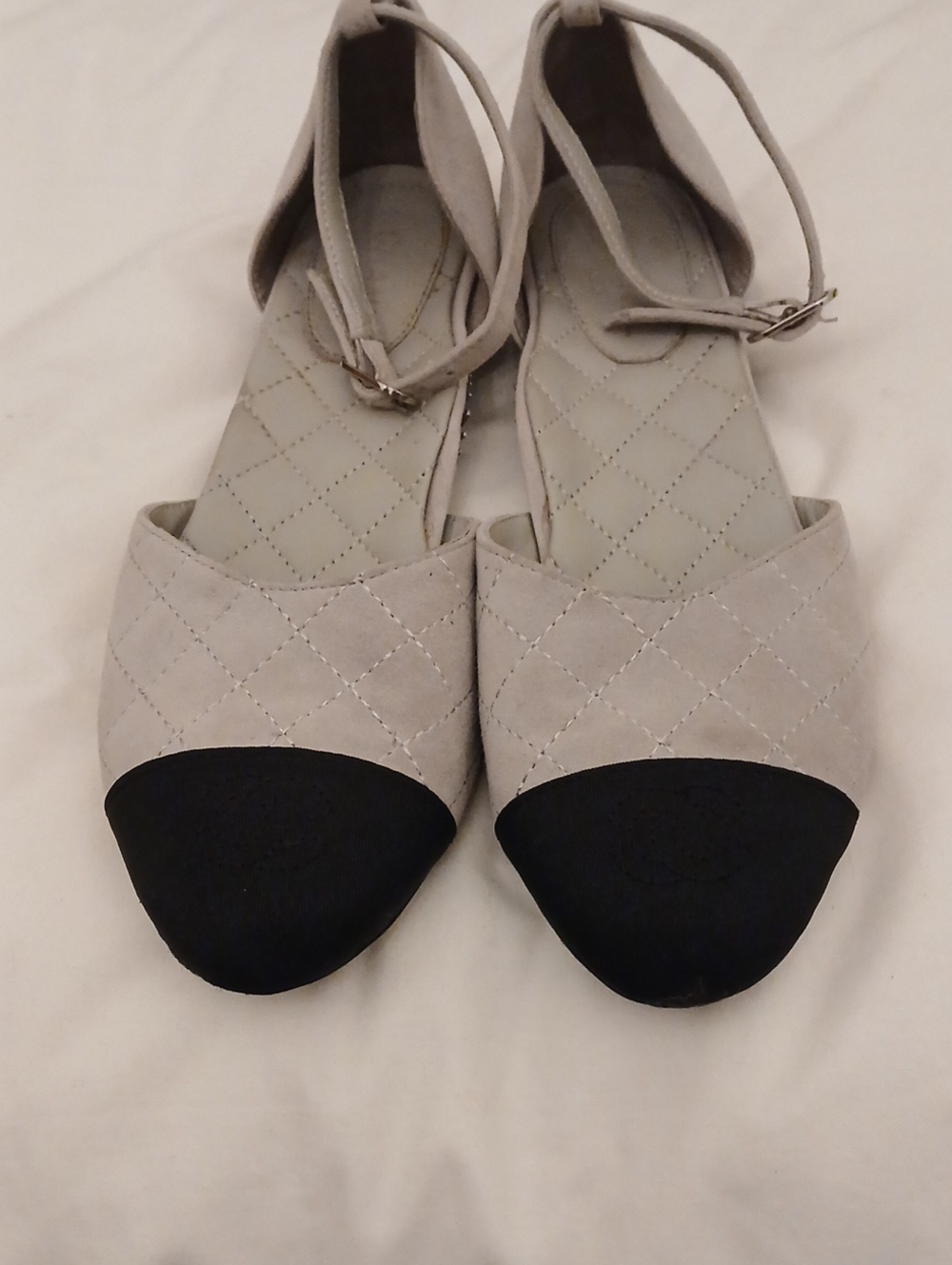 CHANEL Two-Tone Quilted Ankle-Strap Flats in Gray and Black